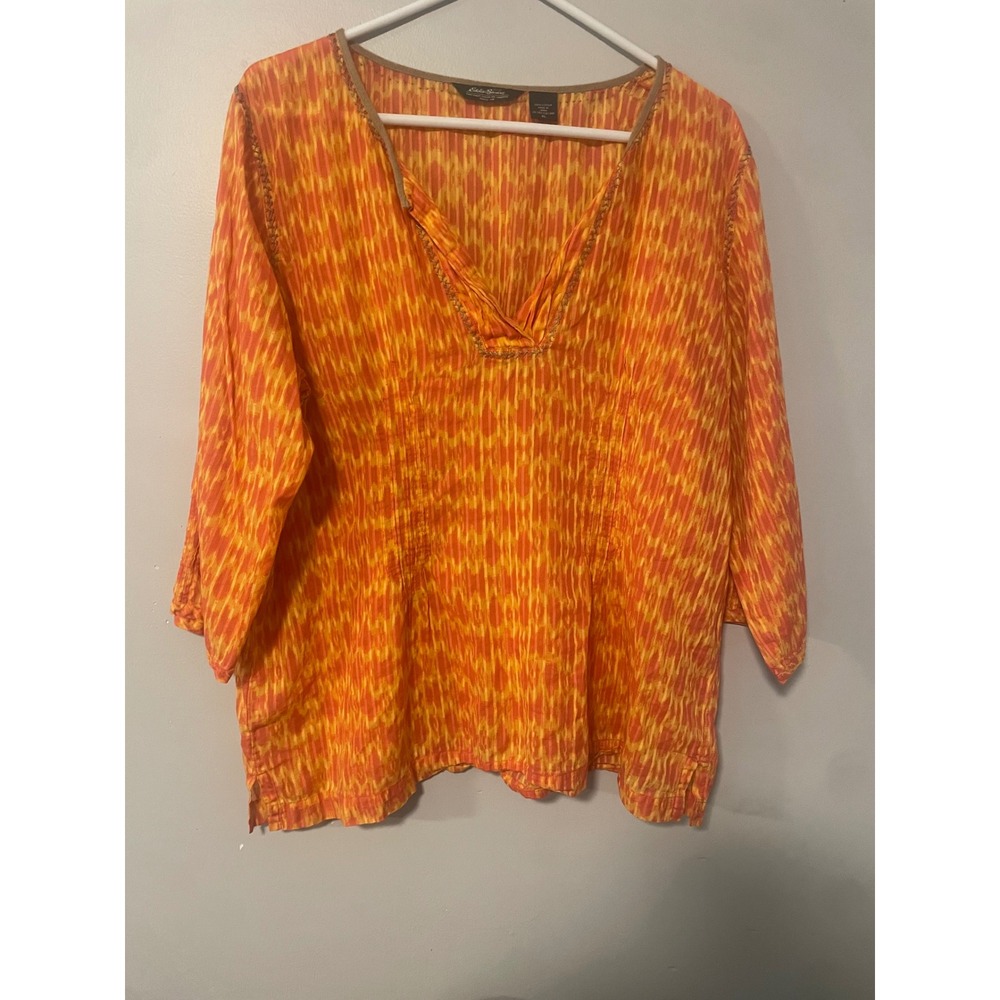 Eddie Bauer Womens XL Orange Yellow Ikat Cotton Tunic Split Neck 3/4 Sleeve Top